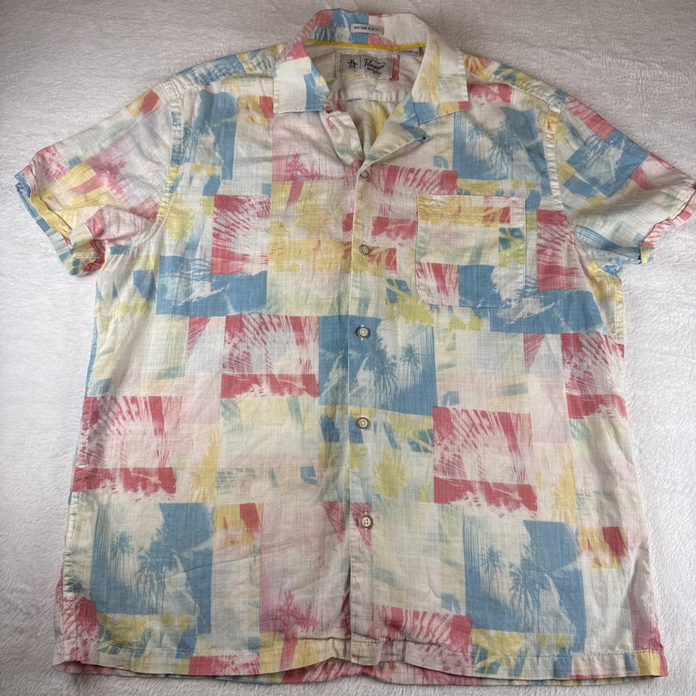 Penguin Button Down Shirt Hawaiian Floral Mens Large Palm Trees 80's Colors‎